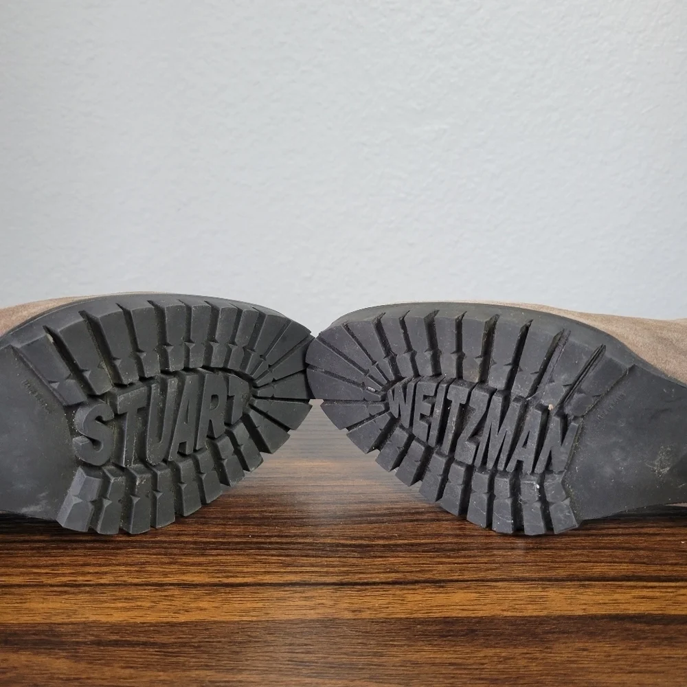 STUART WEITZMAN // grey taupe suede rugged rubber sole heeled ankle boots bootie